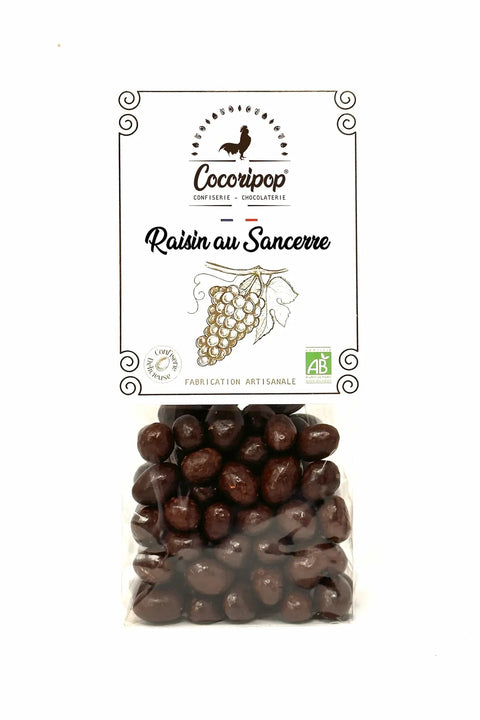 Raisins bio maceres au Sancerre enrobes de chocolat noir bio fabriques artisanalement pres de Bourges