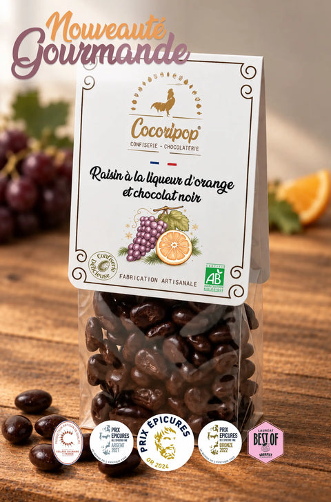 Raisins bio au chocolat noir et à la liqueur d’orange, confiserie et bonbon français confectionnés artisanalement près de Bourges par Cocoripop.