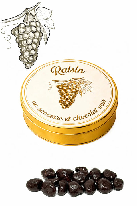 Raisins secs bio maceres au Sancerre et enrobes de chocolat noir bio artisanal francais