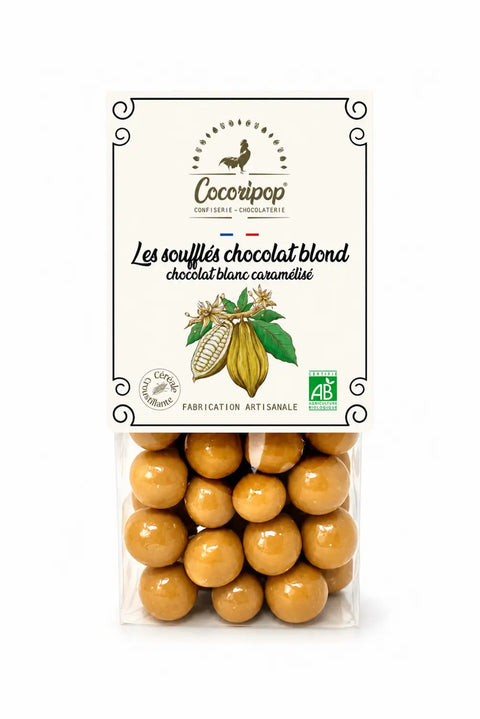 Soufflés chocolat blond caramélisé bio, billes de maïs croustillantes fabriquées artisanalement près de Bourges dans le Berry.