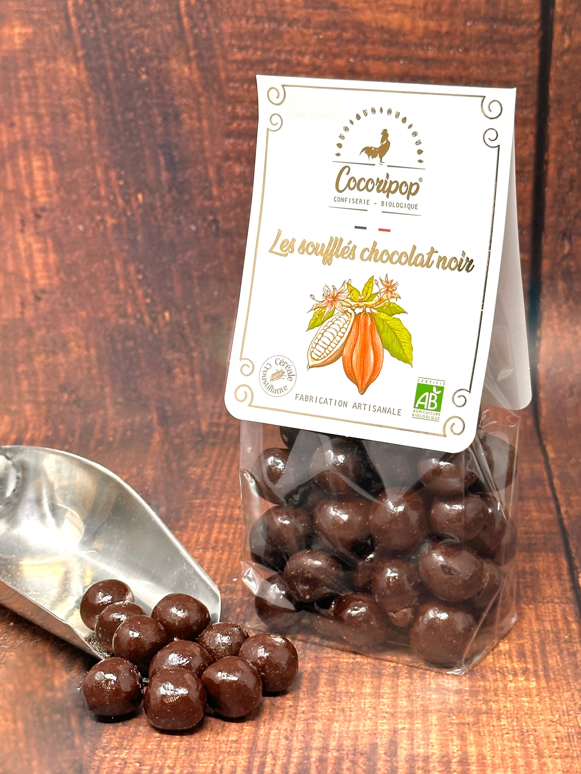 Soufflés Chocolat Noir Bio, billes de maïs soufflé sans gluten enrobées de chocolat noir 73% Papouasie – Confiserie artisanale française