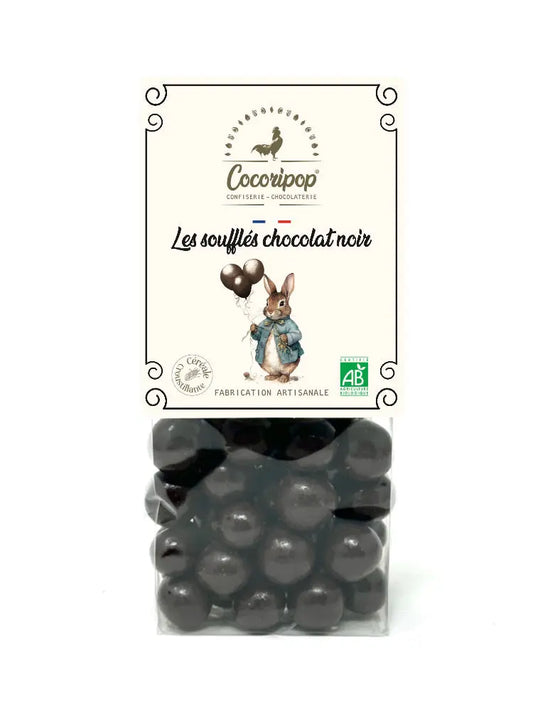 Soufflés Chocolat Noir version Lapin/Ballon "Sélection de Pâques" Bio – assortiment de soufflés croustillants enrobés de chocolat noir intense, présenté sur fond blanc.