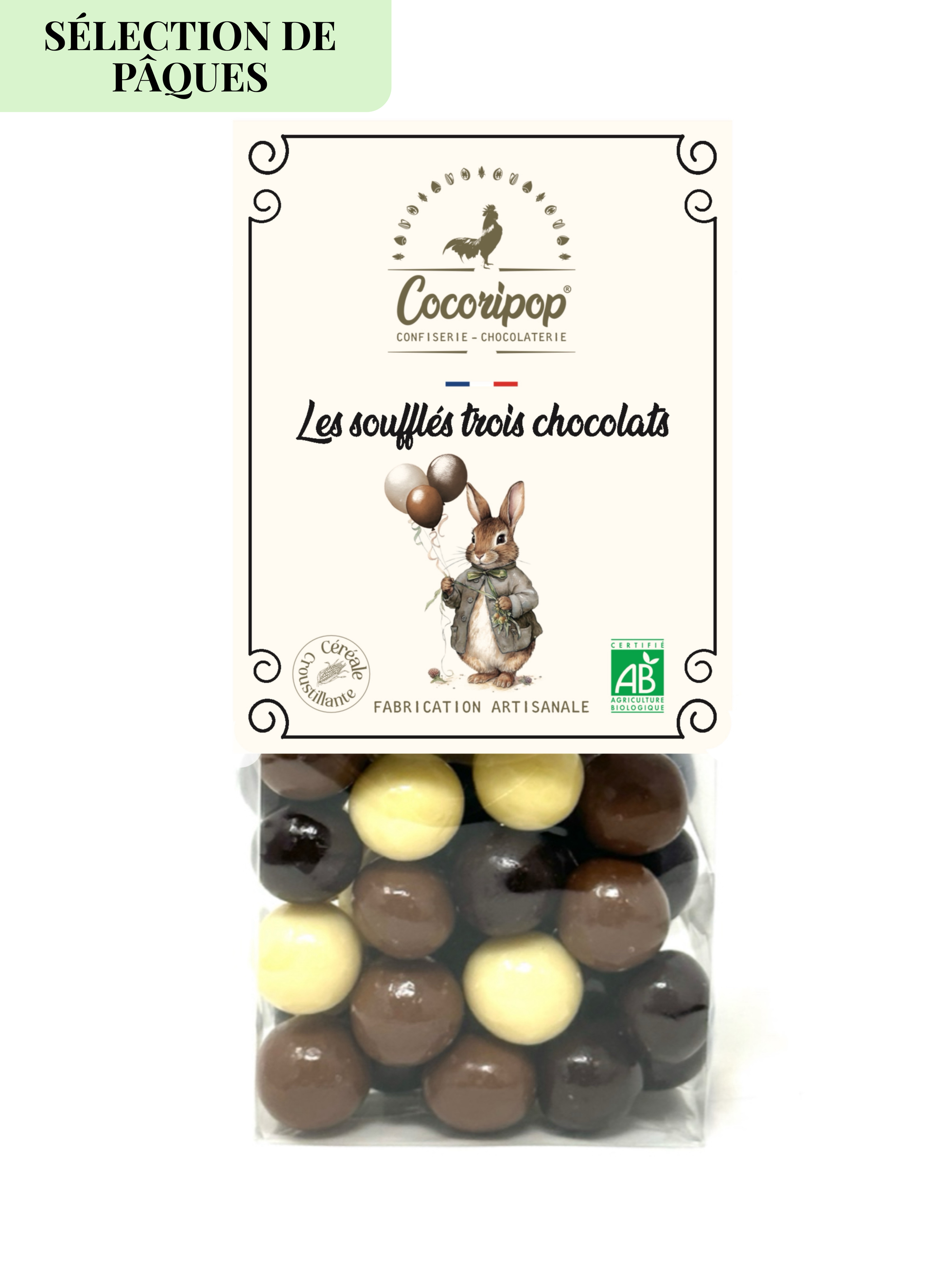Souffles trois chocolats lapin ballon bio Cocoripop selection de Paques chocolat artisanal francais assortiment lait noir blanc idee cadeau gourmand