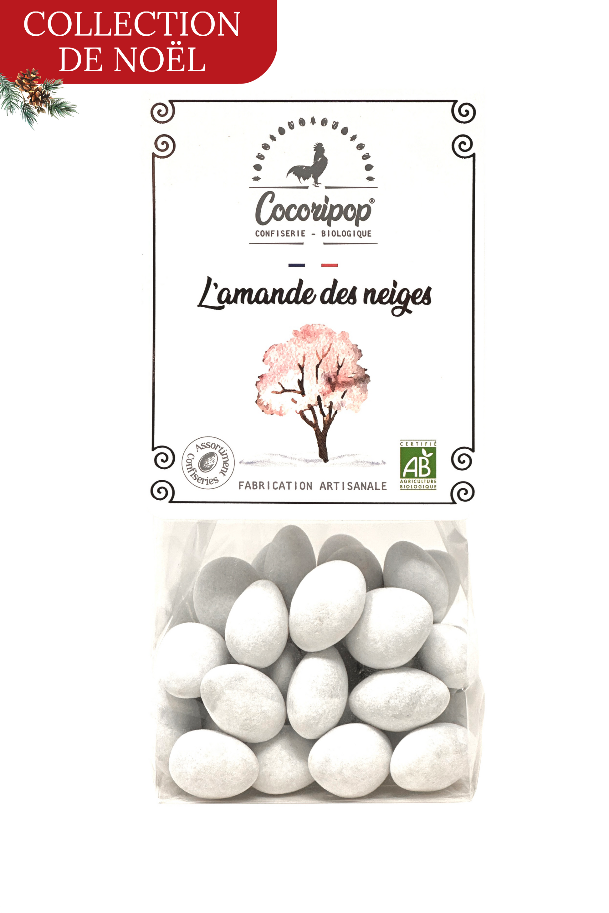 Amandes torréfiées bio enrobées de chocolat et dragéifiées – confiserie artisanale française élégante et fondante signée Cocoripop.