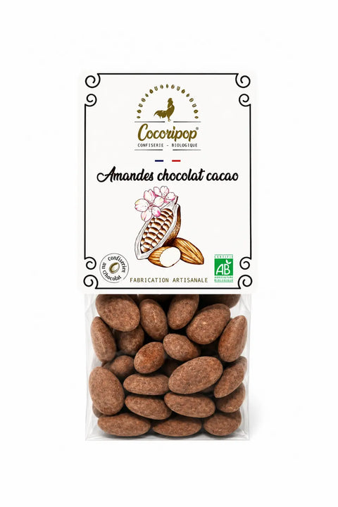 amandes chocolat au lait truffées cacao bio torréfiées et fabriquées artisanalement près de Bourges dans le Berry.