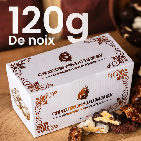 Ballotin 120 g de Noix du Berry au chocolat noir bio et chocolat au lait bio, fabriqué artisanalement près de Bourges dans le Berry par Cocoripop.