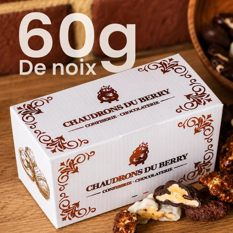 Ballotin 60 g de Noix du Berry au chocolat noir bio et chocolat au lait bio, fabriqué artisanalement près de Bourges dans le Berry par Cocoripop.