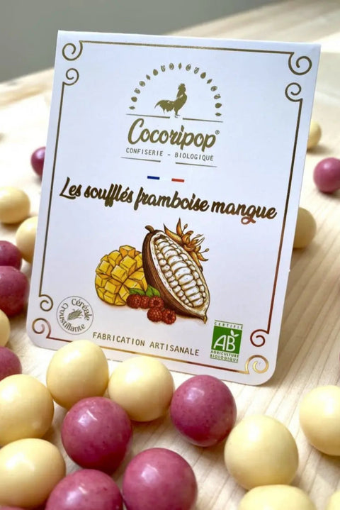 Cœur croustillant de maïs bio enrobé de chocolat blanc à la mangue et framboise – Cocoripop