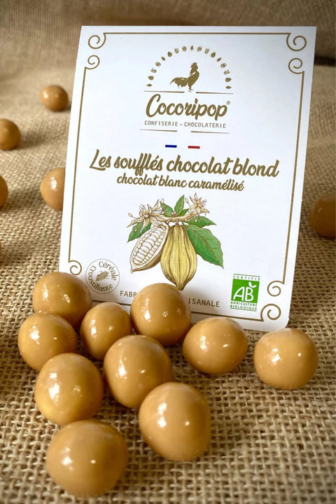 Billes soufflées au chocolat blond caramélisé bio, fabriquées artisanalement en France