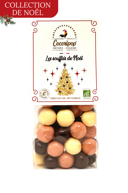 Billes de céréales bio enrobées de trois chocolats – noir, blanc et rouge fraise – fabrication artisanale française, édition de Noël Cocoripop.