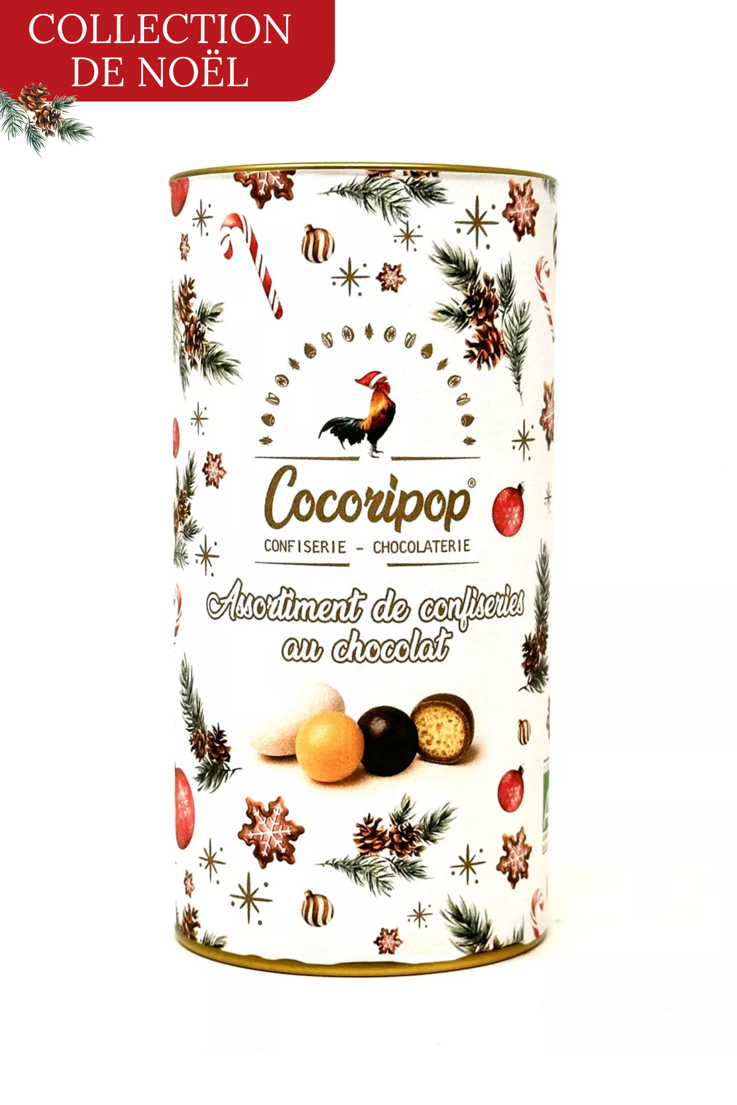 Boîte de Noël Cocoripop – assortiment de confiseries artisanales au chocolat, fabrication française, cadeau gourmand et festif.