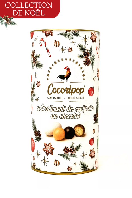 Boîte de Noël Cocoripop – assortiment de confiseries artisanales au chocolat, fabrication française, cadeau gourmand et festif.