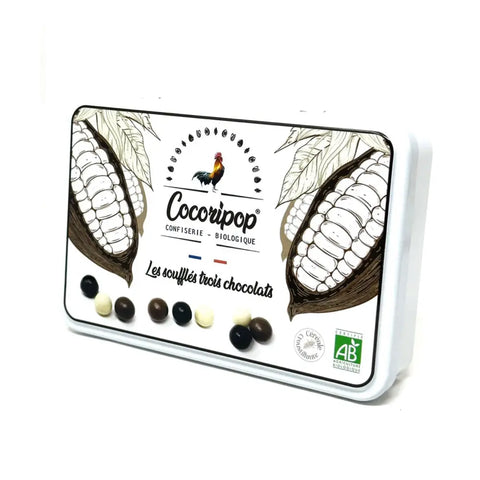 Coffret métal trois chocolats, Assortiment de chocolats noir, lait et blanc, alliant onctuosité et intensité, présenté dans une élégante boîte métallique. bio
