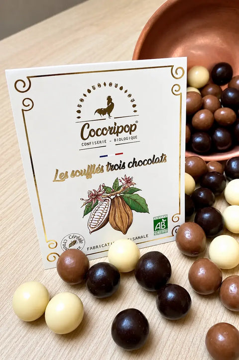 Bonbons soufflés au chocolat bio fabriqués artisanalement près de Bourges dans le Berry par Cocoripop.