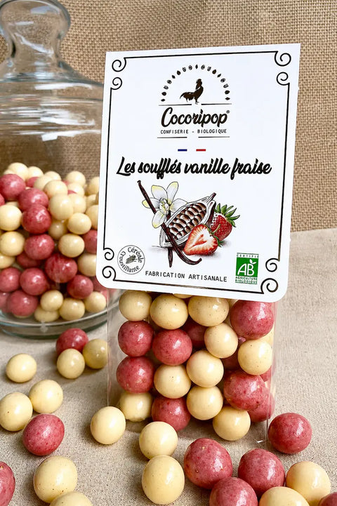 Bonbons soufflés Vanille Fraise Bio fabriqués artisanalement près de Bourges dans le Berry par Cocoripop.