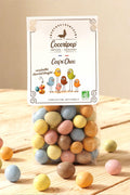 Cacahuètes bio chocolat dragéifiées fabriquées à Saint-Germain-du-Puy près de Bourges, confiserie artisanale française aux couleurs végétales naturelles.