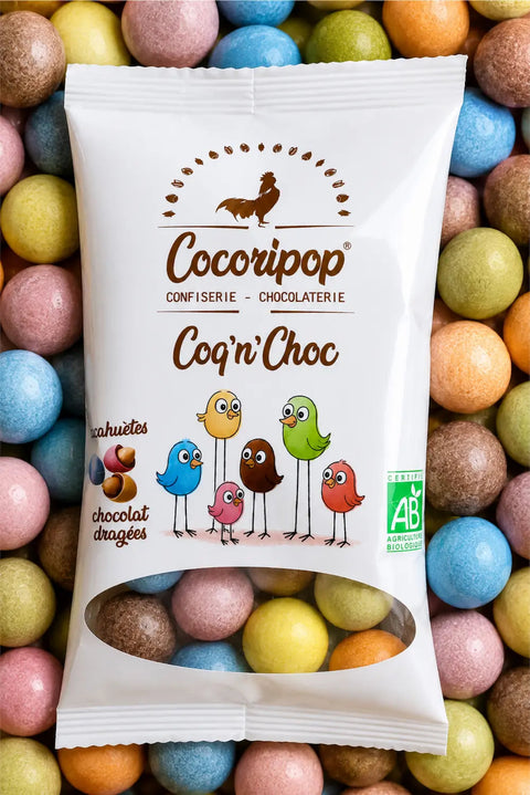 Cacahuètes bio chocolat dragéifiées fabriquées à Saint-Germain-du-Puy près de Bourges, confiserie artisanale française au format Pocket 50 g.