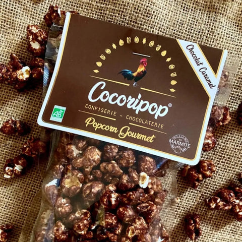 Popcorn bio artisanal français au chocolat et caramel, gourmandise fondante et croustillante fabriquée en France, snack premium avec livraison rapide