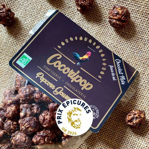 Popcorn bio artisanal français au chocolat noir 73 % et fleur de sel, fabriqué à Brécy près de Bourges, médaillé d’or 2024, gourmandise croustillante en sachet zip fraîcheur