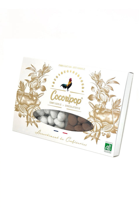 Coffret bio artisanal Cocoripop : amandes dragéifiées au chocolat et truffées au cacao