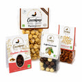 Coffret gourmand bio avec popcorn caramel beurre salé, soufflés trois chocolats, pralines amandes et noix de cajou Cajun