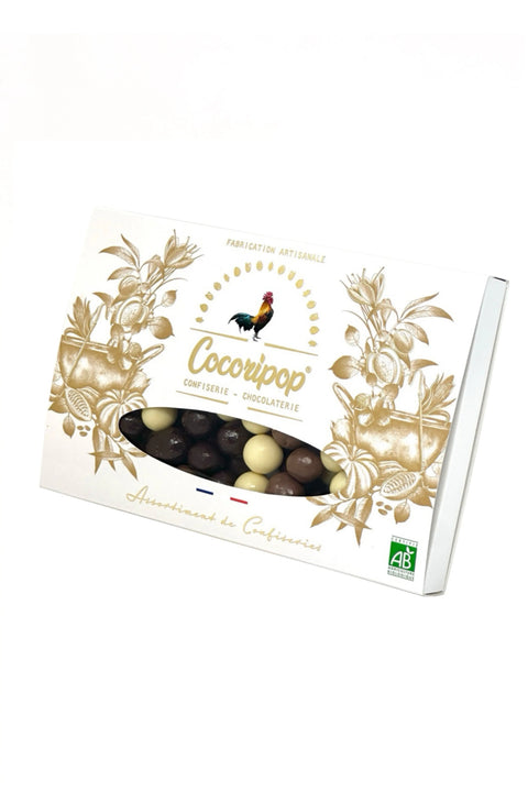 Coffret de noisettes bio enrobées de chocolat noir, lait et blanc – confiserie artisanale Cocoripop
