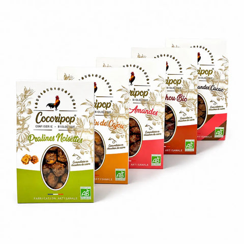 Coffret de pralines artisanales bio fabriqué à Saint-Germain-du-Puy composé de pralines aux cacahuètes, noisettes, amandes, amandes cacao et noix de cajou biologiques.