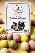 Noisettes torréfiées enrobées de chocolat blanc bio et de chocolat au lait bio, fabriquées artisanalement près de Bourges dans le Berry par Cocoripop.