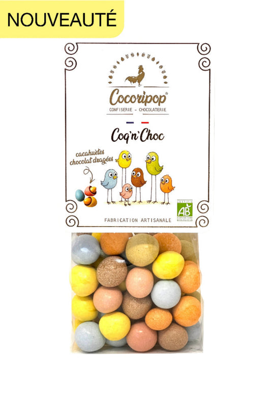 Cacahuètes enrobées de chocolat bio et dragéifiées artisanalement à Brécy – produit français Cocoripop.