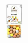 Coq’n’Choc Bio, cacahuètes biologiques torréfiées enrobées de chocolat et dragéifiées artisanalement près de Bourges avec des pigments végétaux naturels.