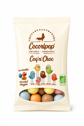 Coq’n’Choc Pocket Bio 50 g, cacahuètes biologiques torréfiées enrobées de chocolat et dragéifiées artisanalement près de Bourges avec des pigments végétaux naturels.