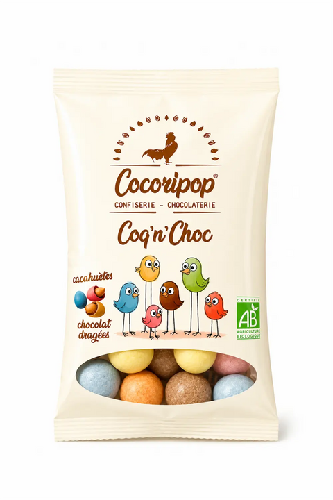 Coq’n’Choc Pocket Bio 50 g, cacahuètes biologiques torréfiées enrobées de chocolat et dragéifiées artisanalement près de Bourges avec des pigments végétaux naturels.