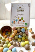 Coq’n’Choc Bio en sachet 100 g, confiserie artisanale française fabriquée près de Bourges, disponible également en Pocket 50 g et en vrac.