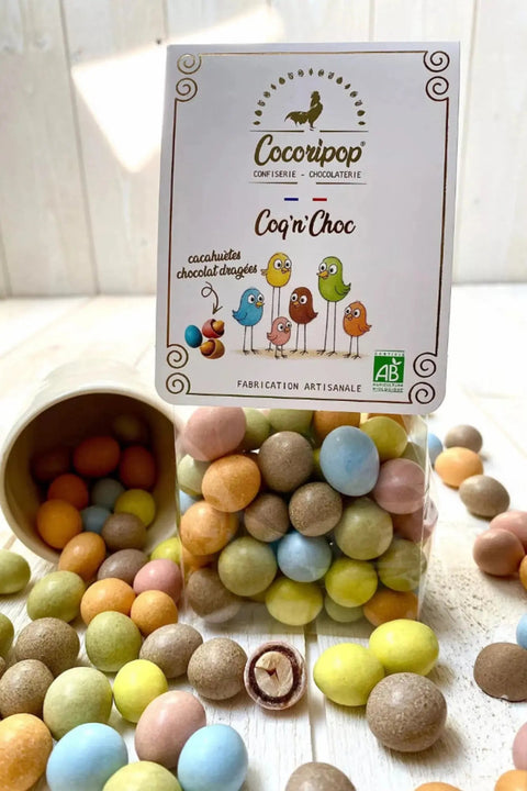 Coq’n’Choc Bio en sachet 100 g, confiserie artisanale française fabriquée près de Bourges, disponible également en Pocket 50 g et en vrac.