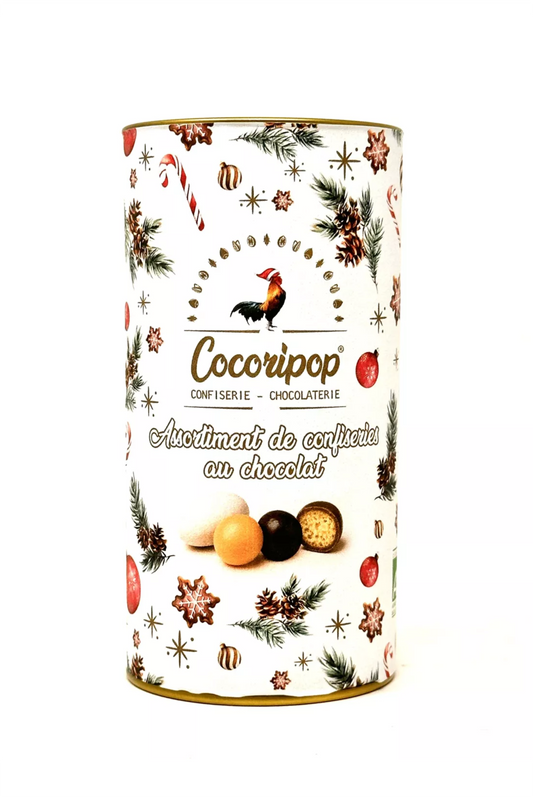 Boîte de Noël Cocoripop – assortiment de confiseries artisanales au chocolat bio, édition festive décorée.