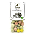 Fantaisie d’écureuil, Noisettes enrobées de chocolat blanc et chocolat au lait, sublimées par des colorants naturels issus de fruits et légumes, une confiserie colorée et gourmande. bio