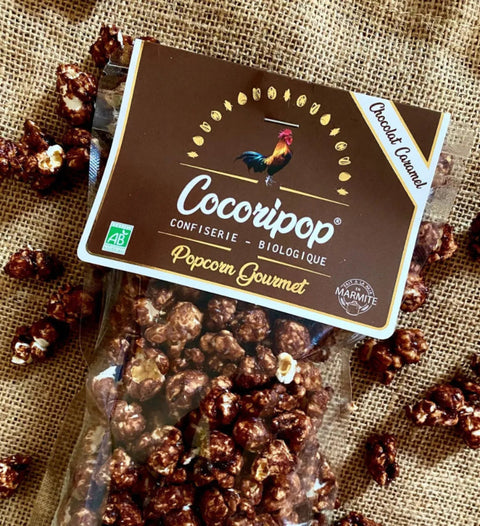 Grains de popcorn bio enrobés de caramel et chocolat au lait, avec fleur de sel