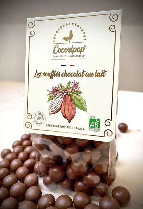 Cœur croustillant de céréale soufflée enrobé de chocolat au lait bio fondant – Cocoripop