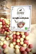 Maïs soufflé croustillant enrobé de chocolat blanc bio, fraise et vanille – Cocoripop Français