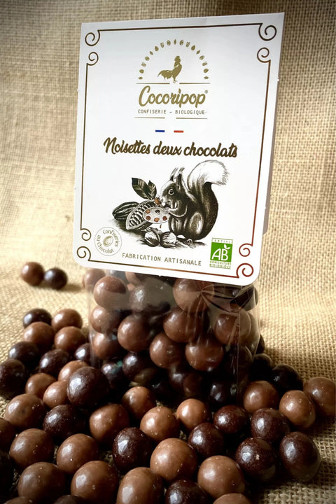 Noisette torréfiée enrobée de chocolat noir et lait bio – texture croquante et fondante à la fois