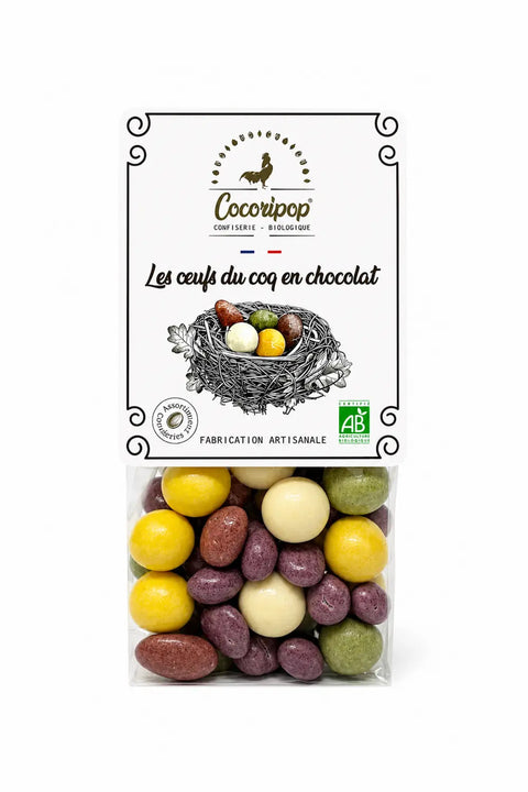 Les Œufs du Coq Bio, assortiment de confiseries artisanales fabriqué à Saint-Germain-du-Puy près de Bourges avec des chocolats biologiques.