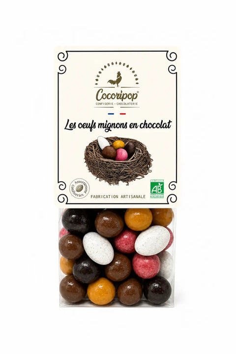Les Œufs Mignons Bio, assortiment de confiseries artisanales fabriqué à Saint-Germain-du-Puy près de Bourges avec des chocolats biologiques.