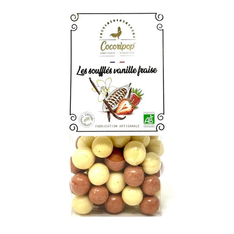 Soufflés duo vanille fraise, Billes soufflées croquantes enrobées de chocolat blanc aromatisé à la vanille et à la fraise, une douceur raffinée et délicate. bio