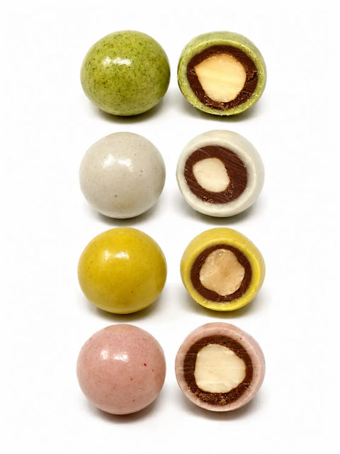 Noisettes multicolores bio en vrac, gourmandise artisanale élaborée avec des chocolats bio issus du commerce équitable et des colorants naturels