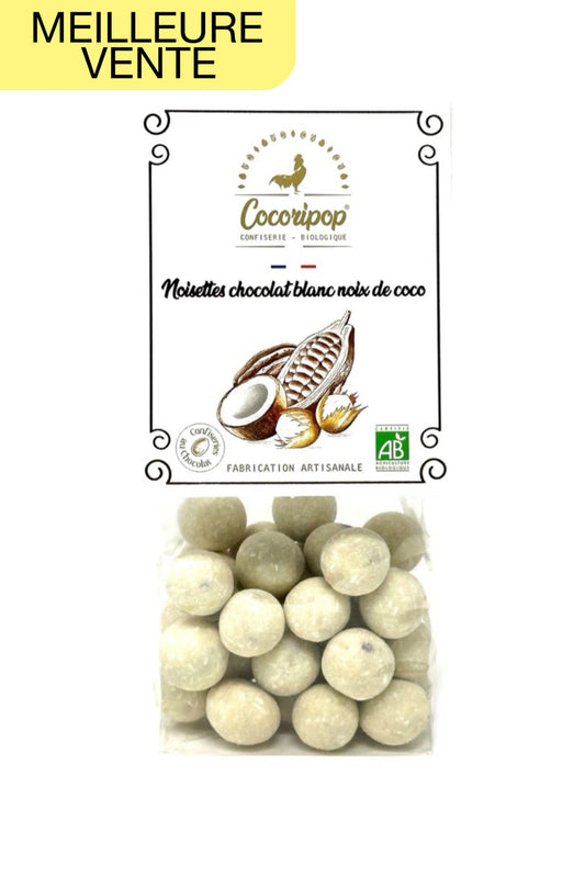 Noisettes bio enrobées de chocolat blanc et noix de coco – confiserie artisanale Cocoripop