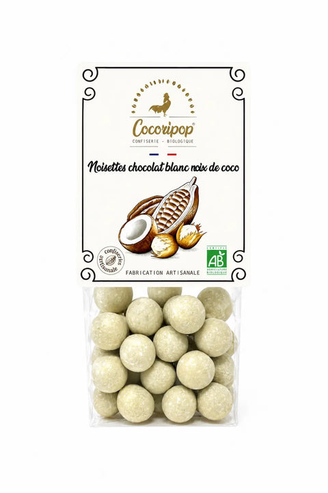 Noisettes chocolat blanc noix de coco bio torréfiées et fabriquées artisanalement près de Bourges dans le Berry.