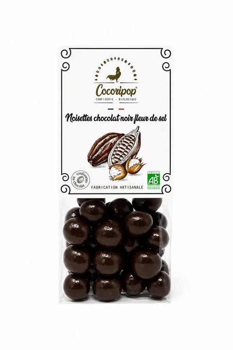Noisettes chocolat noir fleur de sel bio torréfiées et fabriquées artisanalement près de Bourges dans le Berry.