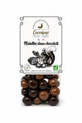 Noisettes deux chocolats bio torréfiées et enrobées de chocolat noir et chocolat au lait, fabriquées artisanalement près de Bourges dans le Berry.