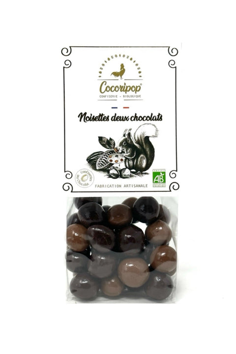 Noisettes bio artisanales enrobées de chocolat au lait et de chocolat noir – confiserie Cocoripop à Brécy