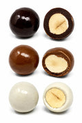 Assortiment de noisettes torréfiées aux trois chocolats biologiques, confectionné artisanalement dans le Berry avec des ingrédients bio.